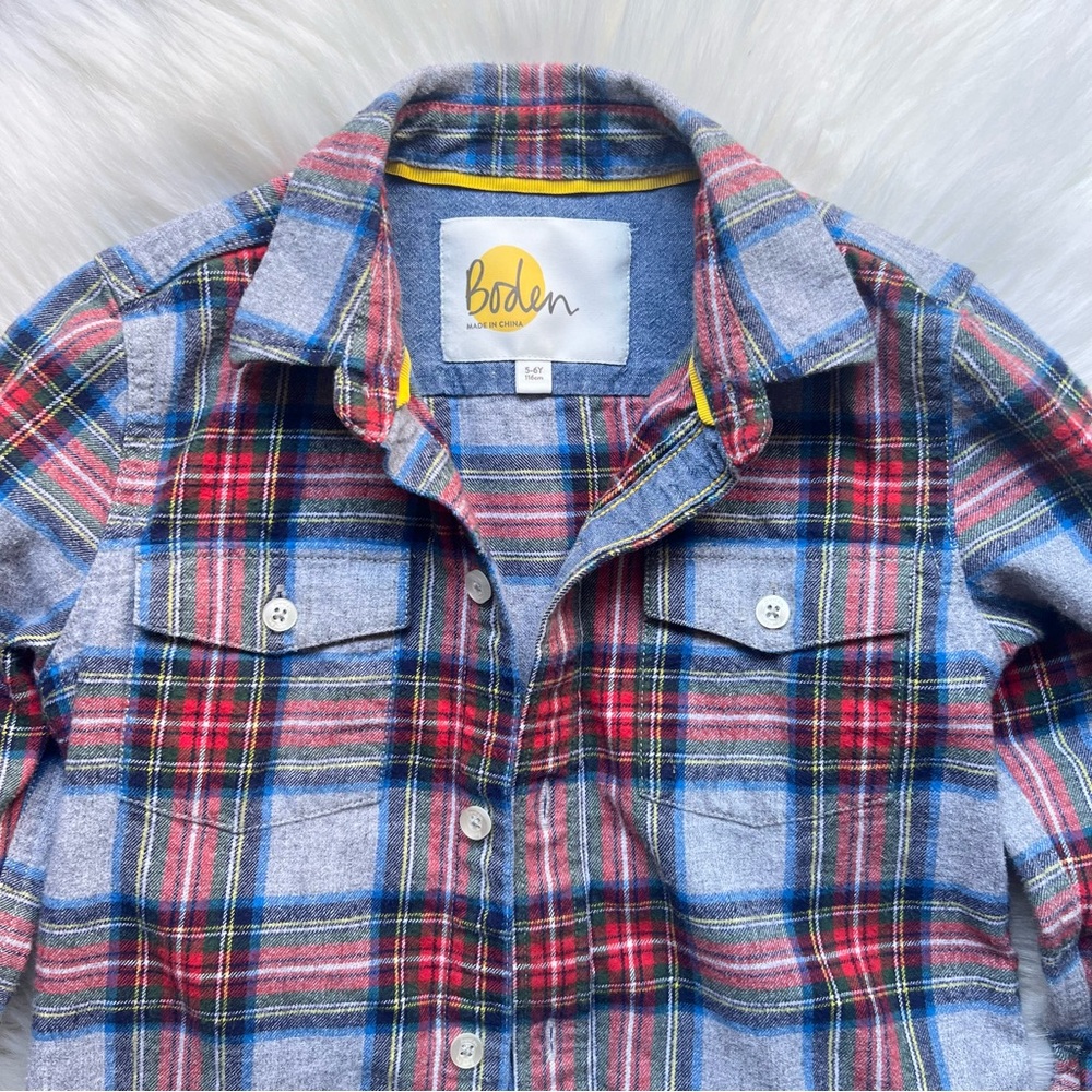 BODEN Shirt Boys Size 6-7 Years Red Gray Plaid Flannel Long Sleeve Button Down